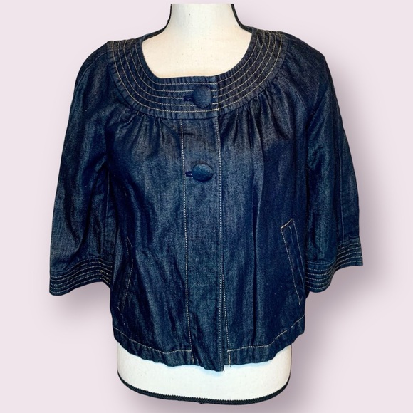 Ann Taylor Dark Denim Swing Jean Jacket Cropped 3/4 Sleeves Blue Size Small - Picture 1 of 12